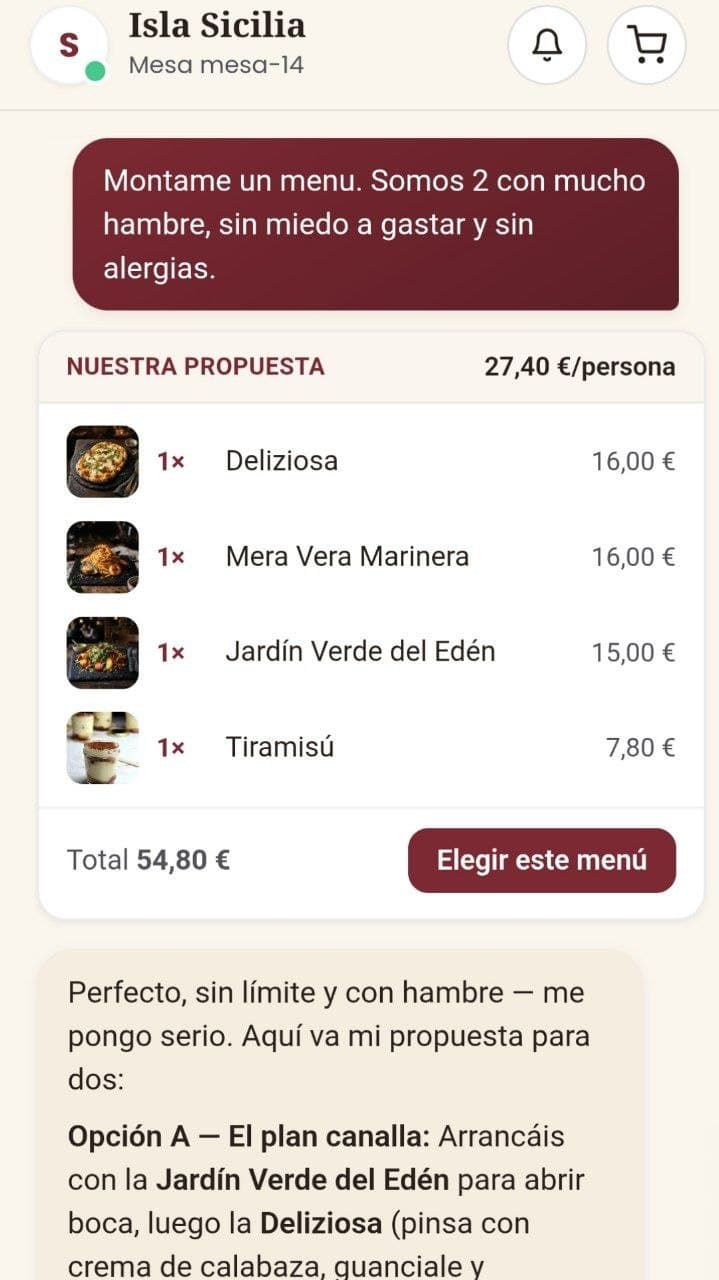 Resultado del combo en el chat de Isla Sicilia: propuesta cerrada de 4 platos para 2 personas a 27,40 € por persona, con fotos, precios y total
